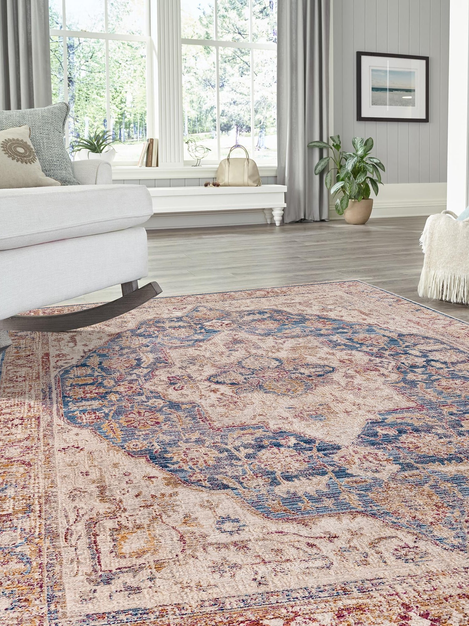 Blue Ivory 3' 3 x 5' 1 Deepa Rectangle Area Rug 100% Polyester Colorful Modern Contemporary Carpet for Home Decorating Living, Dining, Office & Bedrooms for Sale at Rug Engine