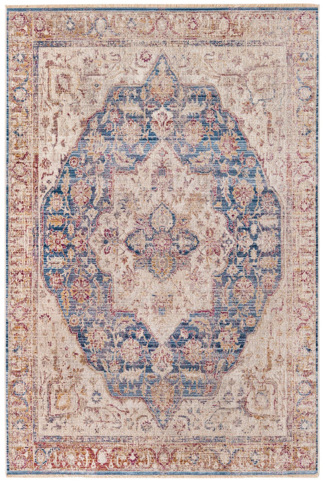 Blue Ivory 5' 3 x 7' 9 Deepa Rectangle Area Rug 100% Polyester Colorful Modern Contemporary Carpet for Home Decorating Living, Dining, Office & Bedrooms for Sale at Rug Engine