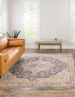 Blue Ivory 7' 10 x 7' 10 Deepa Square Area Rug 100% Polyester Colorful Modern Contemporary Carpet for Home Decorating Living, Dining, Office & Bedrooms for Sale at Rug Engine