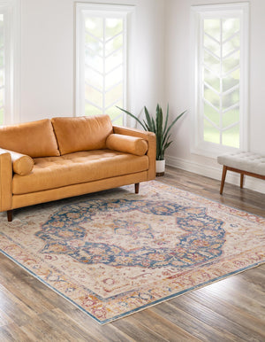 Blue Ivory 7' 10 x 7' 10 Deepa Square Area Rug 100% Polyester Colorful Modern Contemporary Carpet for Home Decorating Living, Dining, Office & Bedrooms for Sale at Rug Engine