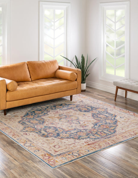 Blue Ivory 7' 10 x 7' 10 Deepa Square Area Rug 100% Polyester Colorful Modern Contemporary Carpet for Home Decorating Living, Dining, Office & Bedrooms for Sale at Rug Engine
