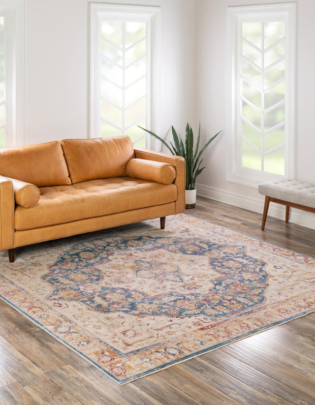 Blue Ivory 7' 10 x 7' 10 Deepa Square Area Rug 100% Polyester Colorful Modern Contemporary Carpet for Home Decorating Living, Dining, Office & Bedrooms for Sale at Rug Engine