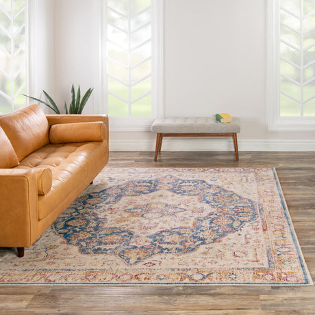Blue Ivory 7' 10 x 7' 10 Deepa Square Area Rug 100% Polyester Colorful Modern Contemporary Carpet for Home Decorating Living, Dining, Office & Bedrooms for Sale at Rug Engine