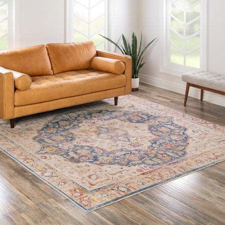 Blue Ivory 7' 10 x 7' 10 Deepa Square Area Rug 100% Polyester Colorful Modern Contemporary Carpet for Home Decorating Living, Dining, Office & Bedrooms for Sale at Rug Engine