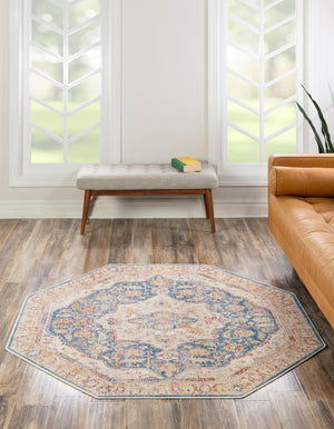 Blue Ivory 5' 3 x 5' 3 Deepa Octagon Area Rug 100% Polyester Colorful Modern Contemporary Carpet for Home Decorating Living, Dining, Office & Bedrooms for Sale at Rug Engine