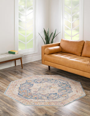 Blue Ivory 5' 3 x 5' 3 Deepa Octagon Area Rug 100% Polyester Colorful Modern Contemporary Carpet for Home Decorating Living, Dining, Office & Bedrooms for Sale at Rug Engine