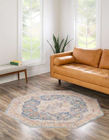 Blue Ivory 5' 3 x 5' 3 Deepa Octagon Area Rug 100% Polyester Colorful Modern Contemporary Carpet for Home Decorating Living, Dining, Office & Bedrooms for Sale at Rug Engine