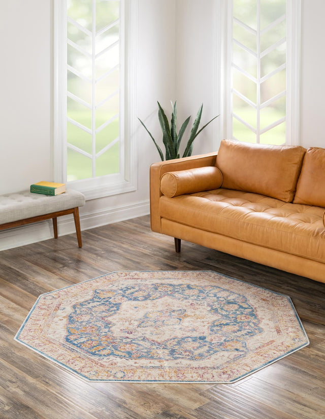 Blue Ivory 5' 3 x 5' 3 Deepa Octagon Area Rug 100% Polyester Colorful Modern Contemporary Carpet for Home Decorating Living, Dining, Office & Bedrooms for Sale at Rug Engine