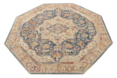 Blue Ivory 5' 3 x 5' 3 Deepa Octagon Area Rug 100% Polyester Colorful Modern Contemporary Carpet for Home Decorating Living, Dining, Office & Bedrooms for Sale at Rug Engine