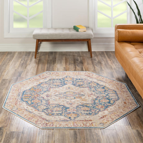 Blue Ivory 7' 10 x 7' 10 Deepa Octagon Area Rug 100% Polyester Colorful Modern Contemporary Carpet for Home Decorating Living, Dining, Office & Bedrooms for Sale at Rug Engine
