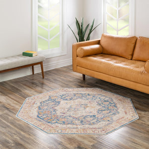 Blue Ivory 5' 3 x 5' 3 Deepa Octagon Area Rug 100% Polyester Colorful Modern Contemporary Carpet for Home Decorating Living, Dining, Office & Bedrooms for Sale at Rug Engine