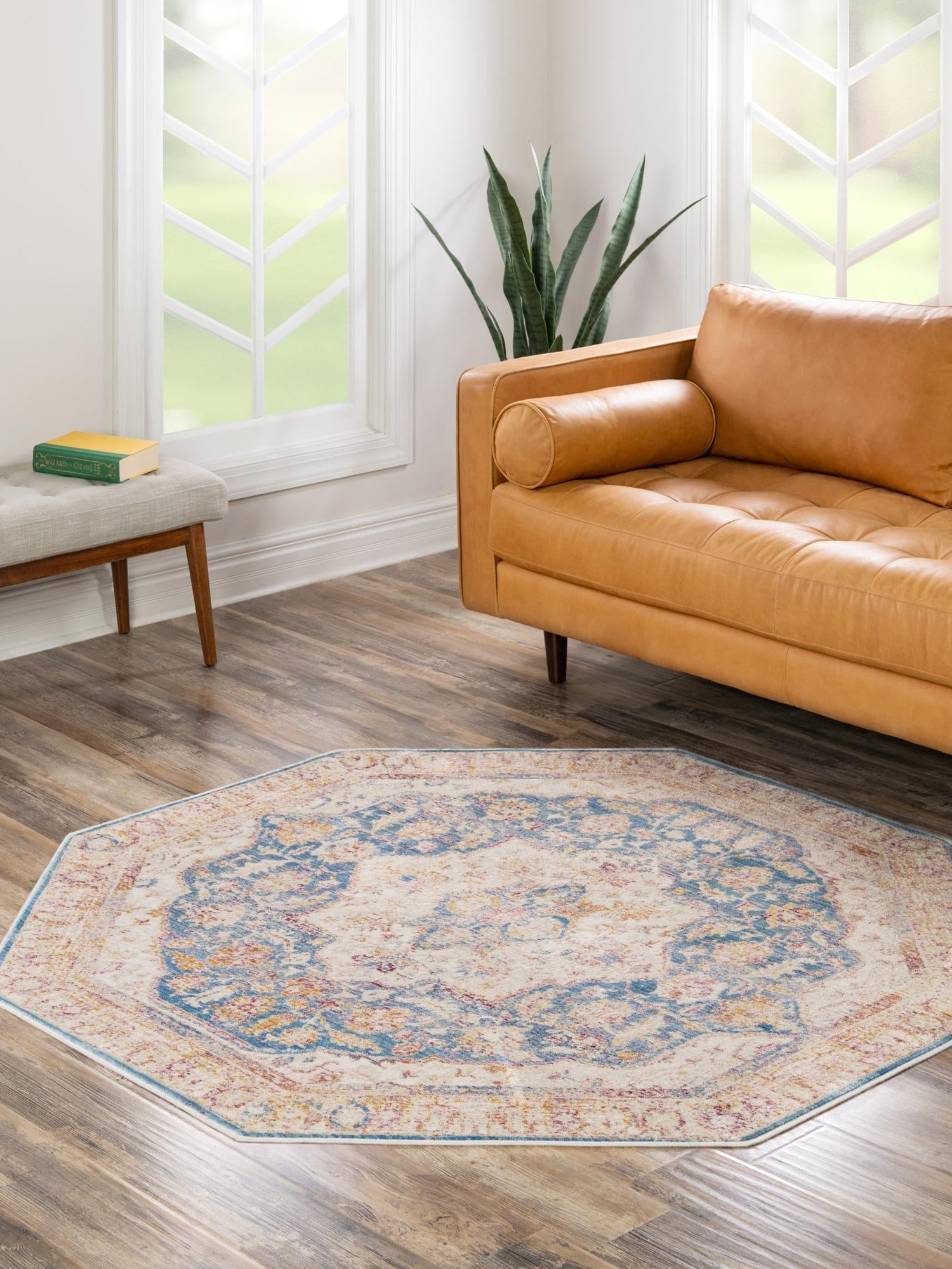 Blue Ivory 7' 10 x 7' 10 Deepa Octagon Area Rug 100% Polyester Colorful Modern Contemporary Carpet for Home Decorating Living, Dining, Office & Bedrooms for Sale at Rug Engine