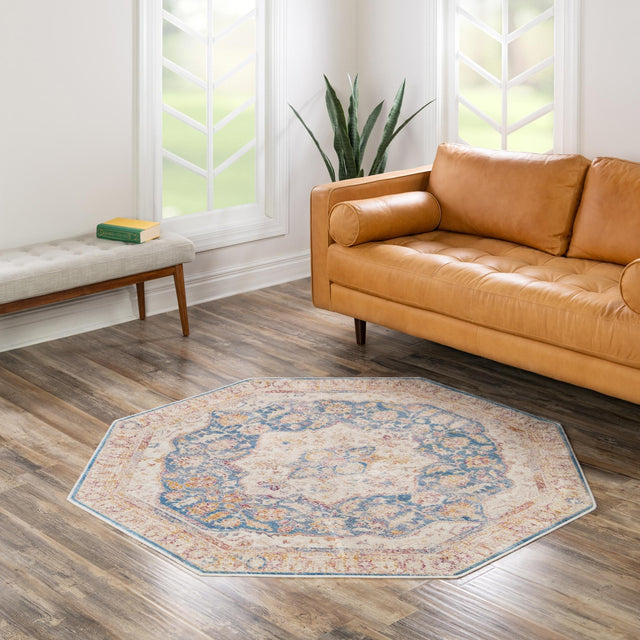 Blue Ivory 7' 10 x 7' 10 Deepa Octagon Area Rug 100% Polyester Colorful Modern Contemporary Carpet for Home Decorating Living, Dining, Office & Bedrooms for Sale at Rug Engine