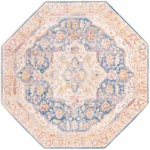 Blue Ivory 5' 3 x 5' 3 Deepa Octagon Area Rug 100% Polyester Colorful Modern Contemporary Carpet for Home Decorating Living, Dining, Office & Bedrooms for Sale at Rug Engine