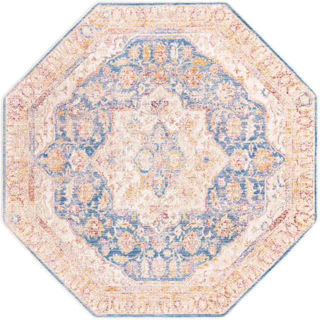 Blue Ivory 5' 3 x 5' 3 Deepa Octagon Area Rug 100% Polyester Colorful Modern Contemporary Carpet for Home Decorating Living, Dining, Office & Bedrooms for Sale at Rug Engine