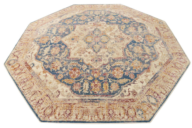 Blue Ivory 7' 10 x 7' 10 Deepa Octagon Area Rug 100% Polyester Colorful Modern Contemporary Carpet for Home Decorating Living, Dining, Office & Bedrooms for Sale at Rug Engine