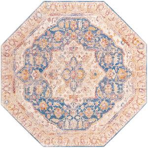 Blue Ivory 7' 10 x 7' 10 Deepa Octagon Area Rug 100% Polyester Colorful Modern Contemporary Carpet for Home Decorating Living, Dining, Office & Bedrooms for Sale at Rug Engine