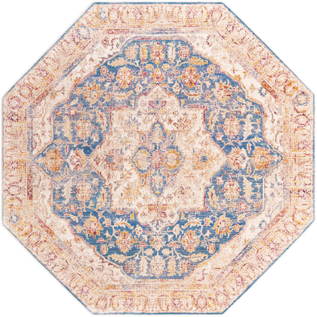Blue Ivory 7' 10 x 7' 10 Deepa Octagon Area Rug 100% Polyester Colorful Modern Contemporary Carpet for Home Decorating Living, Dining, Office & Bedrooms for Sale at Rug Engine
