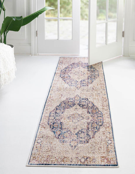 Blue Ivory 2' 6 x 12' Deepa Runner Area Rug 100% Polyester Colorful Modern Contemporary Carpet for Home Decorating Living, Dining, Office & Bedrooms for Sale at Rug Engine
