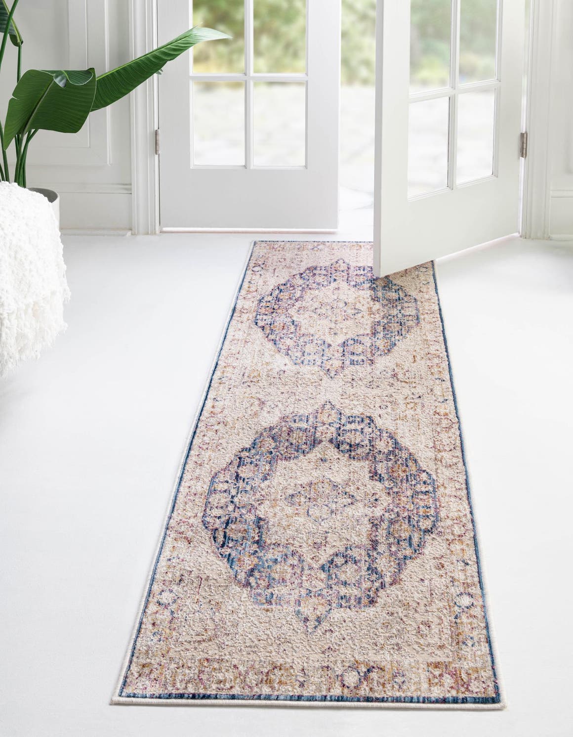 Blue Ivory 2' x 6' Deepa Runner Area Rug 100% Polyester Colorful Modern Contemporary Carpet for Home Decorating Living, Dining, Office & Bedrooms for Sale at Rug Engine
