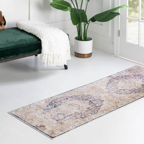 Blue Ivory 2' x 6' Deepa Runner Area Rug 100% Polyester Colorful Modern Contemporary Carpet for Home Decorating Living, Dining, Office & Bedrooms for Sale at Rug Engine