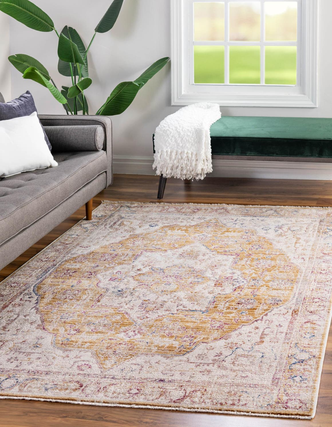 Yellow 7' 10 x 9' 8 Deepa Rectangle Area Rug 100% Polyester Colorful Modern Contemporary Carpet for Home Decorating Living, Dining, Office & Bedrooms for Sale at Rug Engine