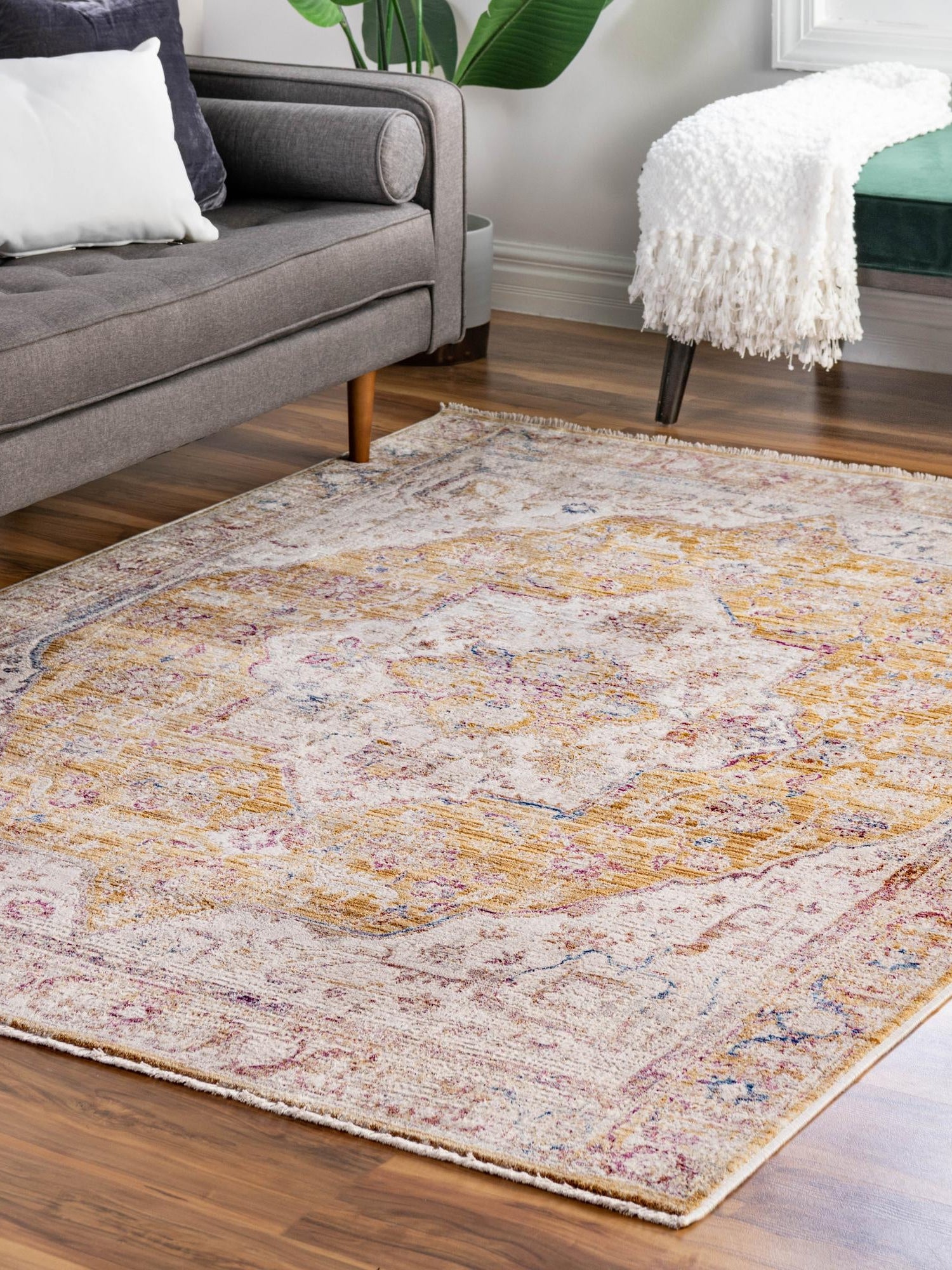 Yellow 4' x 5' 10 Deepa Rectangle Area Rug 100% Polyester Colorful Modern Contemporary Carpet for Home Decorating Living, Dining, Office & Bedrooms for Sale at Rug Engine