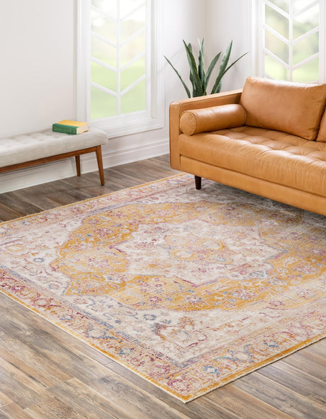 Yellow 7' 10 x 7' 10 Deepa Square Area Rug 100% Polyester Colorful Modern Contemporary Carpet for Home Decorating Living, Dining, Office & Bedrooms for Sale at Rug Engine