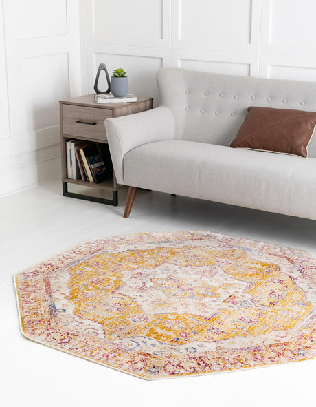 Yellow 7' 10 x 7' 10 Deepa Octagon Area Rug 100% Polyester Colorful Modern Contemporary Carpet for Home Decorating Living, Dining, Office & Bedrooms for Sale at Rug Engine