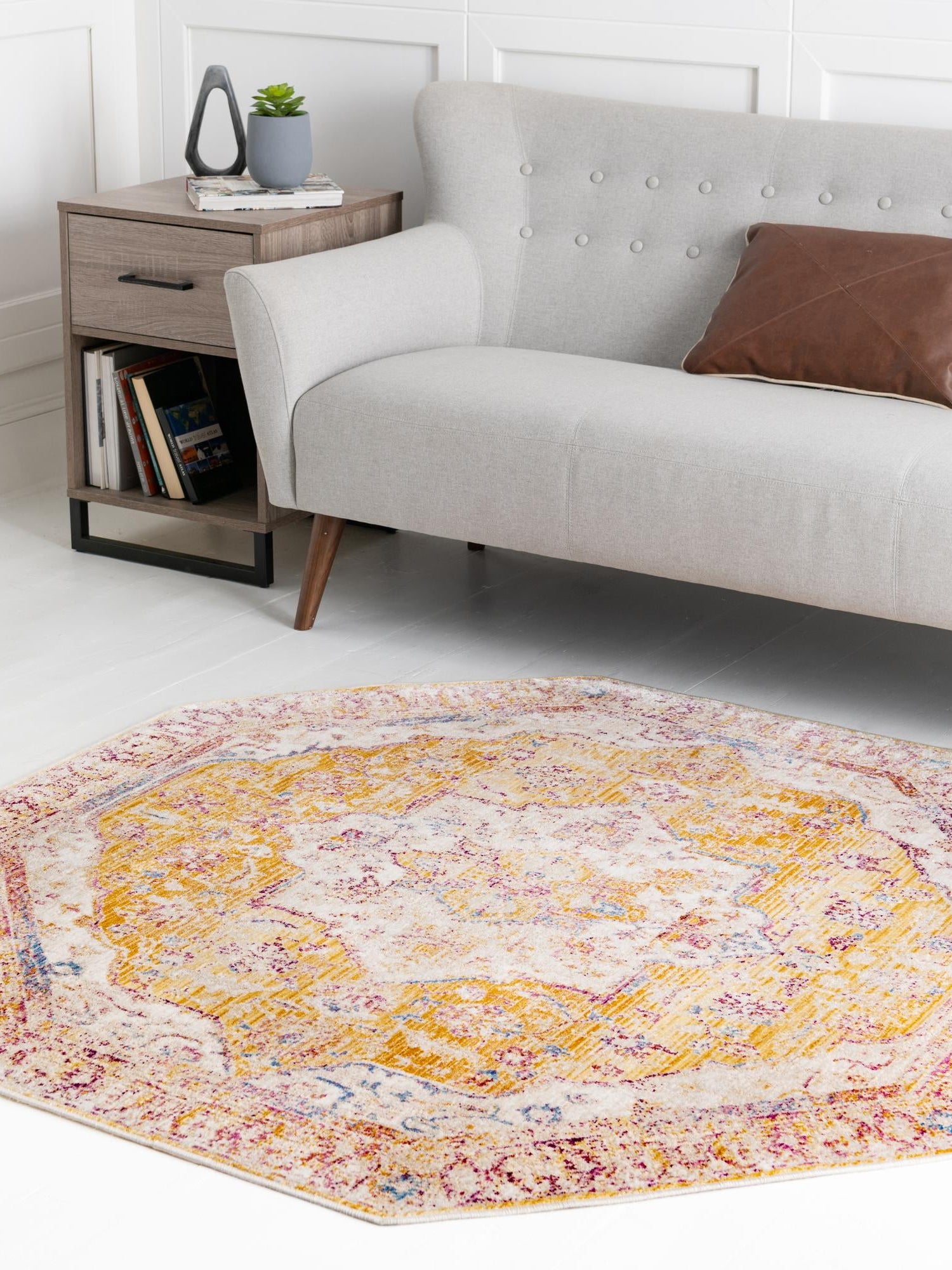 Yellow 7' 10 x 7' 10 Deepa Octagon Area Rug 100% Polyester Colorful Modern Contemporary Carpet for Home Decorating Living, Dining, Office & Bedrooms for Sale at Rug Engine