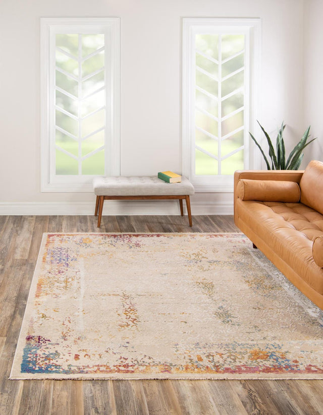Ivory 7' 10 x 7' 10 Deepa Square Area Rug 100% Polyester Colorful Modern Contemporary Carpet for Home Decorating Living, Dining, Office & Bedrooms for Sale at Rug Engine