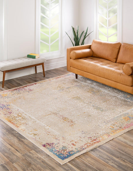 Ivory 7' 10 x 7' 10 Deepa Square Area Rug 100% Polyester Colorful Modern Contemporary Carpet for Home Decorating Living, Dining, Office & Bedrooms for Sale at Rug Engine