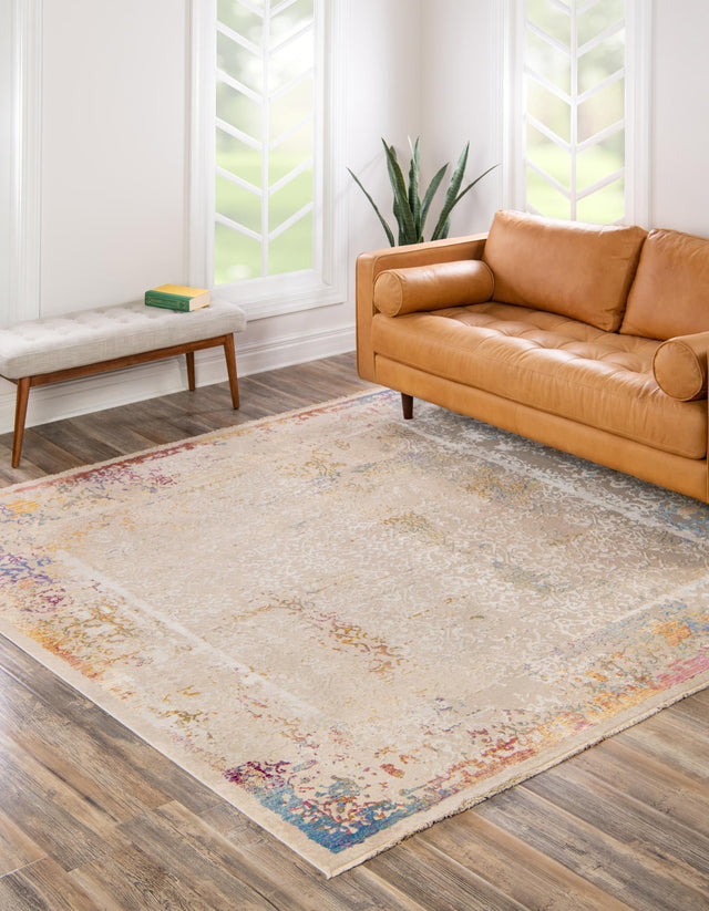 Ivory 7' 10 x 7' 10 Deepa Square Area Rug 100% Polyester Colorful Modern Contemporary Carpet for Home Decorating Living, Dining, Office & Bedrooms for Sale at Rug Engine