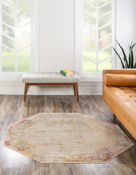 Ivory 7' 10 x 7' 10 Deepa Octagon Area Rug 100% Polyester Colorful Modern Contemporary Carpet for Home Decorating Living, Dining, Office & Bedrooms for Sale at Rug Engine