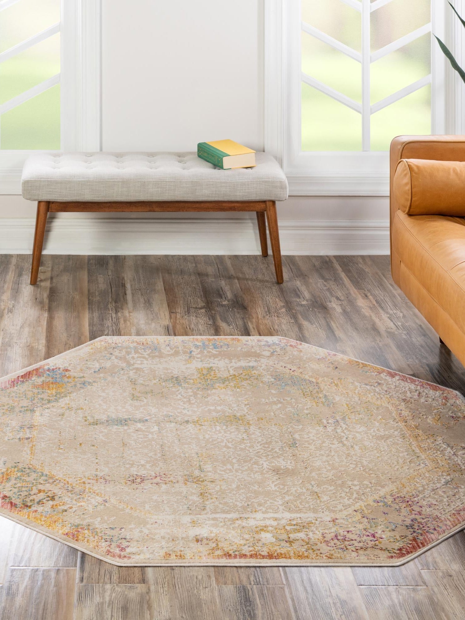 Ivory 7' 10 x 7' 10 Deepa Octagon Area Rug 100% Polyester Colorful Modern Contemporary Carpet for Home Decorating Living, Dining, Office & Bedrooms for Sale at Rug Engine