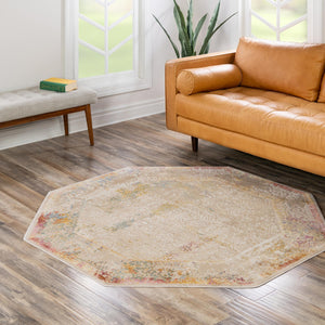 Ivory 5' 3 x 5' 3 Deepa Octagon Area Rug 100% Polyester Colorful Modern Contemporary Carpet for Home Decorating Living, Dining, Office & Bedrooms for Sale at Rug Engine