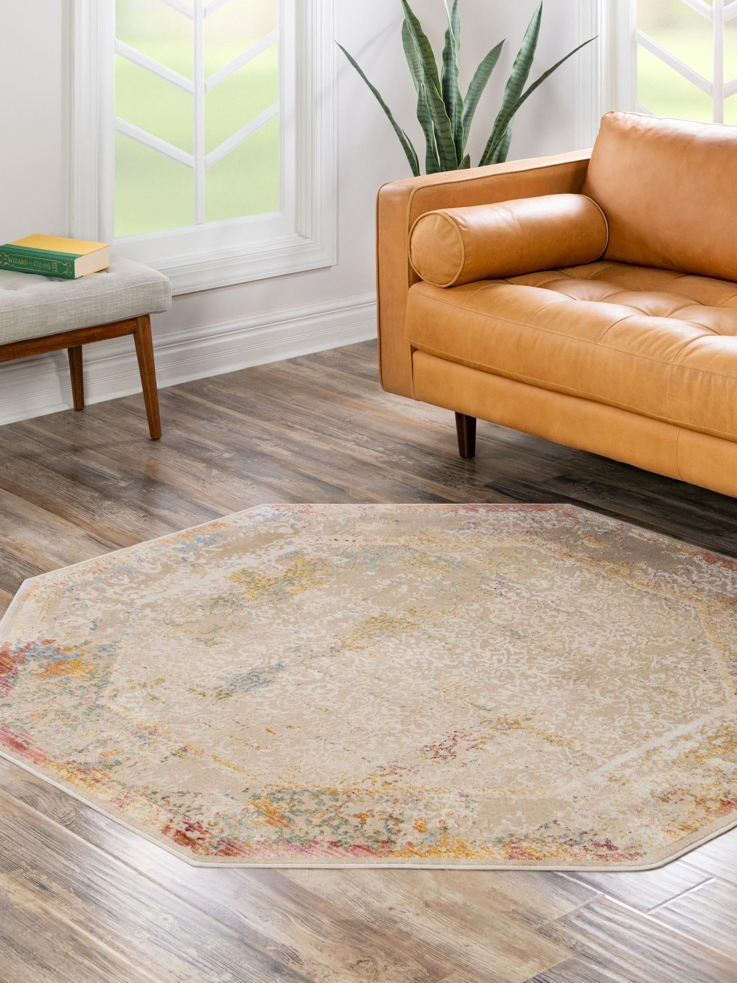 Ivory 7' 10 x 7' 10 Deepa Octagon Area Rug 100% Polyester Colorful Modern Contemporary Carpet for Home Decorating Living, Dining, Office & Bedrooms for Sale at Rug Engine