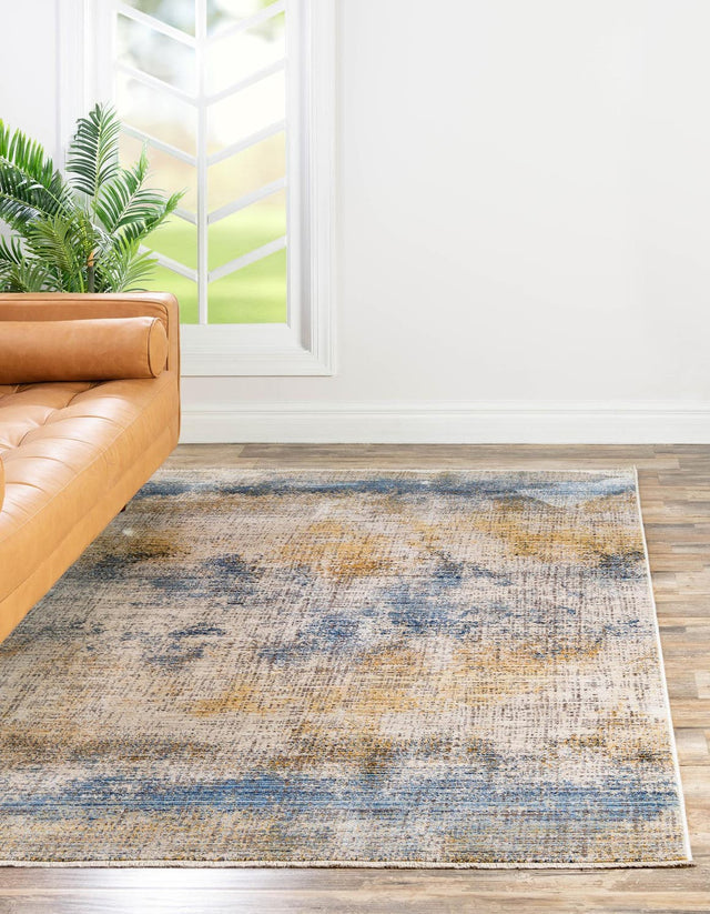 Blue Ivory 5' 3 x 7' 9 Deepa Rectangle Area Rug 100% Polyester Colorful Modern Contemporary Carpet for Home Decorating Living, Dining, Office & Bedrooms for Sale at Rug Engine