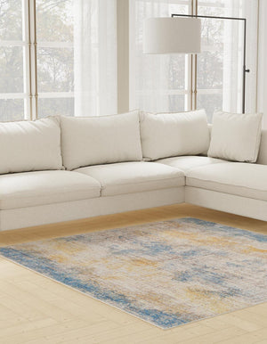 Blue Ivory 7' 10 x 7' 10 Deepa Square Area Rug 100% Polyester Colorful Modern Contemporary Carpet for Home Decorating Living, Dining, Office & Bedrooms for Sale at Rug Engine