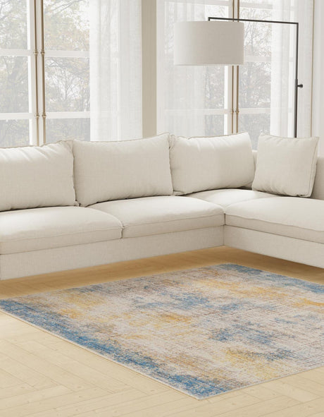 Blue Ivory 7' 10 x 7' 10 Deepa Square Area Rug 100% Polyester Colorful Modern Contemporary Carpet for Home Decorating Living, Dining, Office & Bedrooms for Sale at Rug Engine