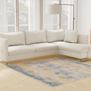 Blue Ivory 7' 10 x 7' 10 Deepa Square Area Rug 100% Polyester Colorful Modern Contemporary Carpet for Home Decorating Living, Dining, Office & Bedrooms for Sale at Rug Engine