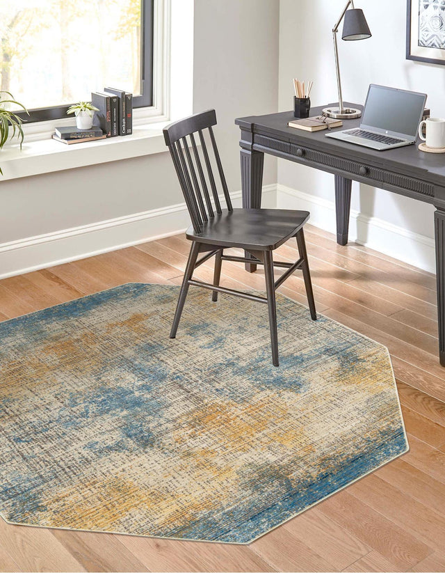 Blue Ivory 7' 10 x 7' 10 Deepa Octagon Area Rug 100% Polyester Colorful Modern Contemporary Carpet for Home Decorating Living, Dining, Office & Bedrooms for Sale at Rug Engine