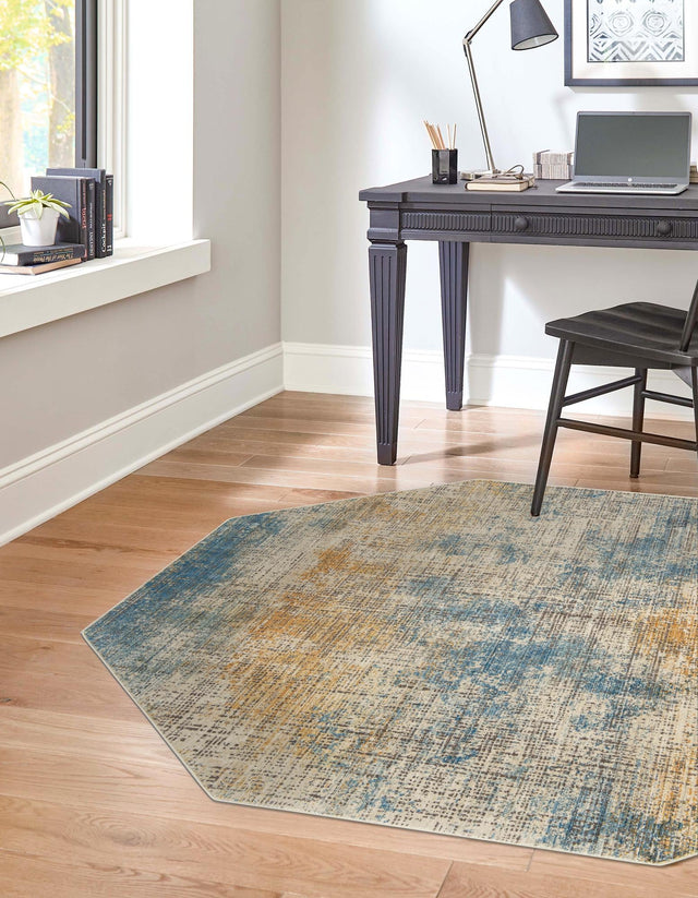 Blue Ivory 7' 10 x 7' 10 Deepa Octagon Area Rug 100% Polyester Colorful Modern Contemporary Carpet for Home Decorating Living, Dining, Office & Bedrooms for Sale at Rug Engine