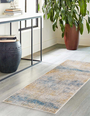 Blue Ivory 2' x 6' Deepa Runner Area Rug 100% Polyester Colorful Modern Contemporary Carpet for Home Decorating Living, Dining, Office & Bedrooms for Sale at Rug Engine