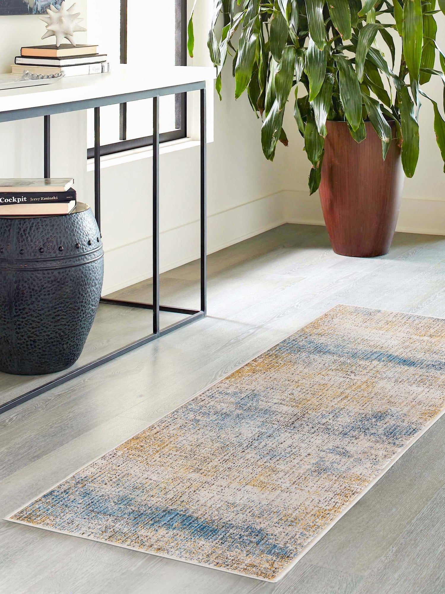 Blue Ivory 2' x 8' Deepa Runner Area Rug 100% Polyester Colorful Modern Contemporary Carpet for Home Decorating Living, Dining, Office & Bedrooms for Sale at Rug Engine