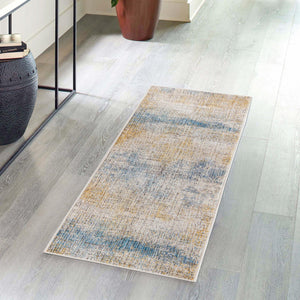Blue Ivory 2' x 6' Deepa Runner Area Rug 100% Polyester Colorful Modern Contemporary Carpet for Home Decorating Living, Dining, Office & Bedrooms for Sale at Rug Engine