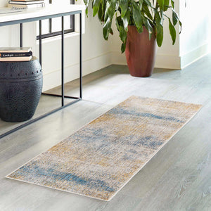Blue Ivory 2' x 8' Deepa Runner Area Rug 100% Polyester Colorful Modern Contemporary Carpet for Home Decorating Living, Dining, Office & Bedrooms for Sale at Rug Engine
