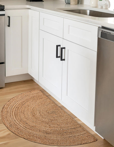 Natural 2' 2 x 3' 7 Braided Jute Hearth Half-Round Semicircle Area Rug 100% Jute Hand Braided Natural Eco-Friendly Boho Style Carpet for Living Rooms Dining Office Space Dorms for Sale at Rug Engine