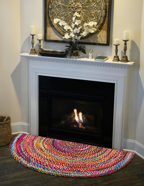 Multicolor 2' 7 x 4' 1 Braided Chindi Hearth Half-Round Semicircle Area Rug 100% Cotton Hand Braided Natural Eco-Friendly Boho Style Modern Carpet for Living Rooms Dining Office Dorm for Sale at Rug Engine