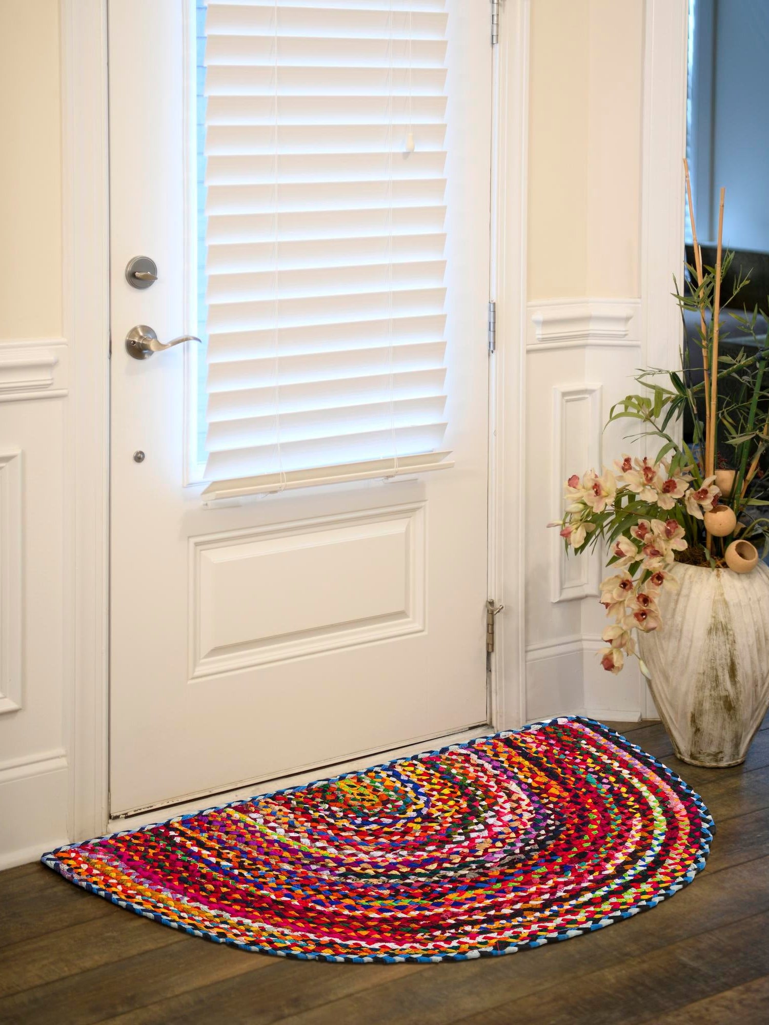 Multicolor 2' 7 x 4' 1 Braided Chindi Hearth Half-Round Semicircle Area Rug 100% Cotton Hand Braided Natural Eco-Friendly Boho Style Modern Carpet for Living Rooms Dining Office Dorm for Sale at Rug Engine